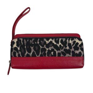 Coach Ocelot Double Zip Wallet Red Leather Trim + Wristlet Strap, Clutch FLAW